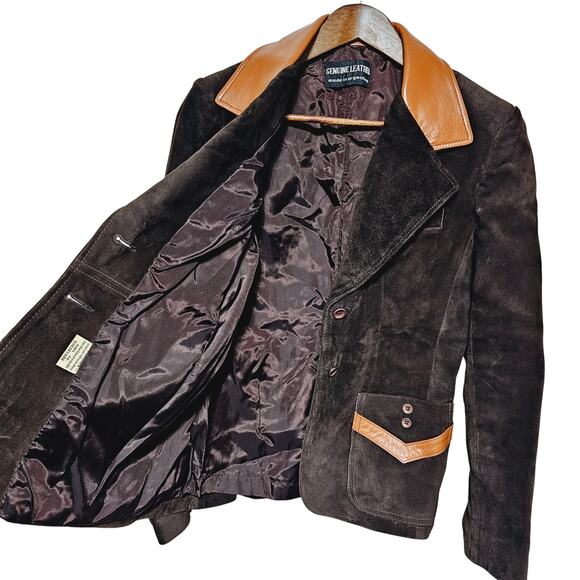 Genuine Leather Jacket Pockets Button Closure Vintage Elbow Patch Women's 13/14 - Picture 3 of 9